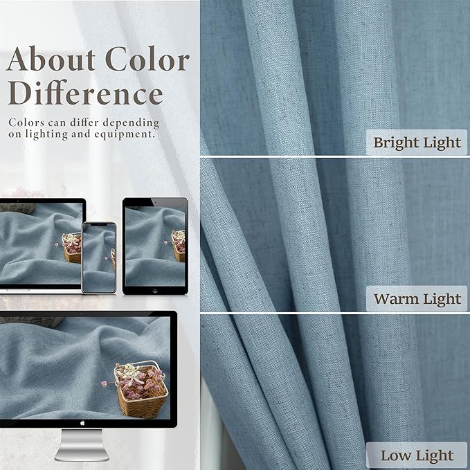 Blue Grey Curtains 96 Inches Long for Living Room Pair 2 Panel Set Back Tab Pocket Floor Length Drape Flax Linen Semi Sheer Vintage Light Blue Curtains for Dining Room Bay Window Country Farmhouse 8FT
