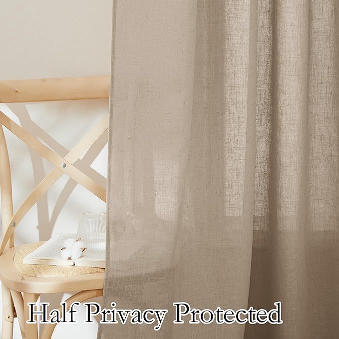 RYB HOME Privacy Semi Sheer Linen Curtains 72 inches Long, Rod Pocket & Back Tab Linen Blend Elegant Light Filtering Privacy Protected Panels for Farmhouse Cottage, Khaki, 52" W, 2 Panels