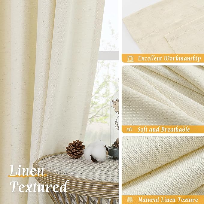 LAMIT Light Beige Linen Curtains 63 inch Length for Bedroom, Soft Semi Sheer Light Filtering Window Treatments Rod Pocket Drapes for Living Room/Small Window, 2 Panels Set, 42 x 63 Inch