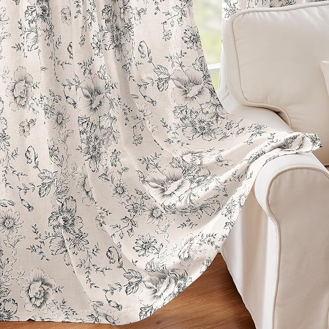 jinchan Linen Blend Curtain Floral Curtains for Living Room 72 Inch Length Black Printed Curtain Rod Pocket Back Tab Farmhouse Peony Flower Patterned Drapes Bedroom Window Curtains Set 2 Panels