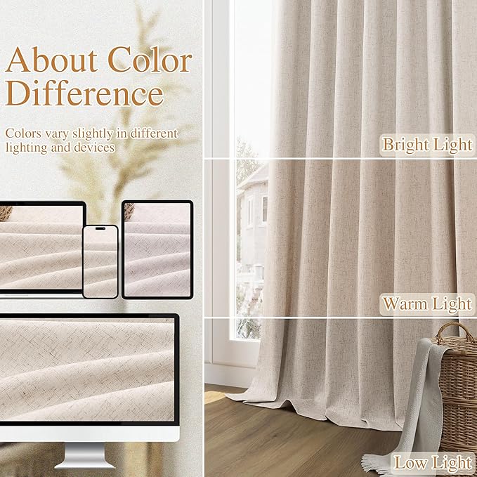 Guken Oatmeal 100% Blackout Curtains 90 Inch Length 2 Panels Set for Living Room Bedroom Back Tab Thermal Insulated Black Out Linen Drapes Room Darkening Window Curtains 90 Inches Long