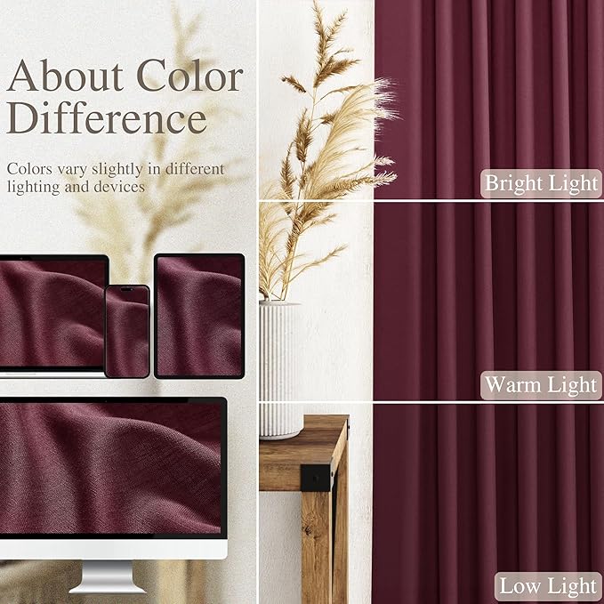 Nanspring Burgundy Linen Curtains Semi Sheer 96 Inches Long 2 Panels Set for Living Room Back Tab Rod Pocket Light Filtering Drape for Bedroom Modern Farmhouse Coastal Decor Protect Privacy 52x96