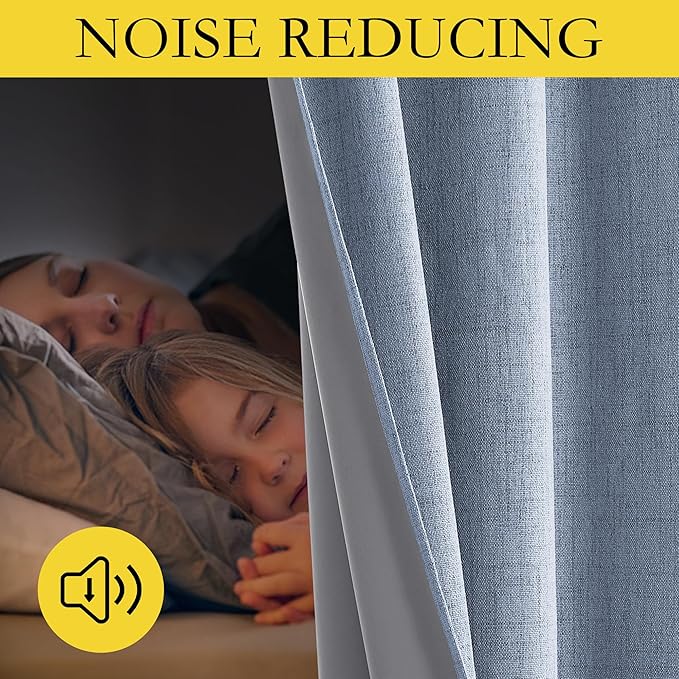 NICETOWN Stone Blue Vintage Linen 100% Blackout Curtains for Living Room, Thermal Insulated Curtains 90" Long, Noise Reducing Window Treatment Drapes for Home Cinema, 52" Wide Per Panel, Set of 2