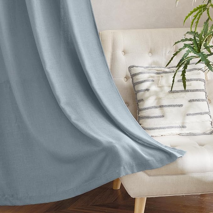 NICETOWN Linen Blend Mist Blue Curtains for Living Room, Rod Pocket & Back Tab Flax Burlap Window Treatments Semi Sheer Privacy with Light Filtering Drapes for Bedroom, W52 x L84, 2 Panels