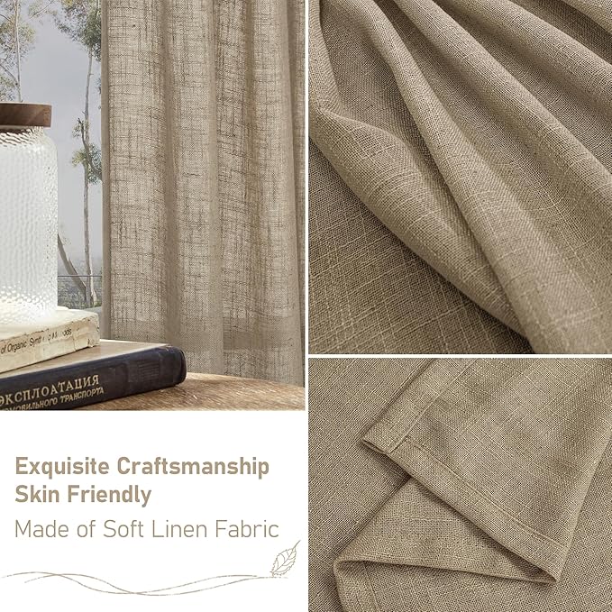 LAMIT Taupe Linen Curtains 72 Inch Length for Bedroom Living Room, Linen Textured Window Drapes Semi Sheer Light Filtering Bronze Grommet Burlap Look Farmhouse Country Decor, 2 Panels, 52 x 72 Inch