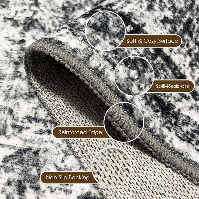 Washable Area Rug 9' x 12' Vintage Traditional Persian Mat - Foldable Distressed Non-Slip Machine Washable Carpet for Living Room Bedroom Kitchen Home Decor - Graphite and Mist