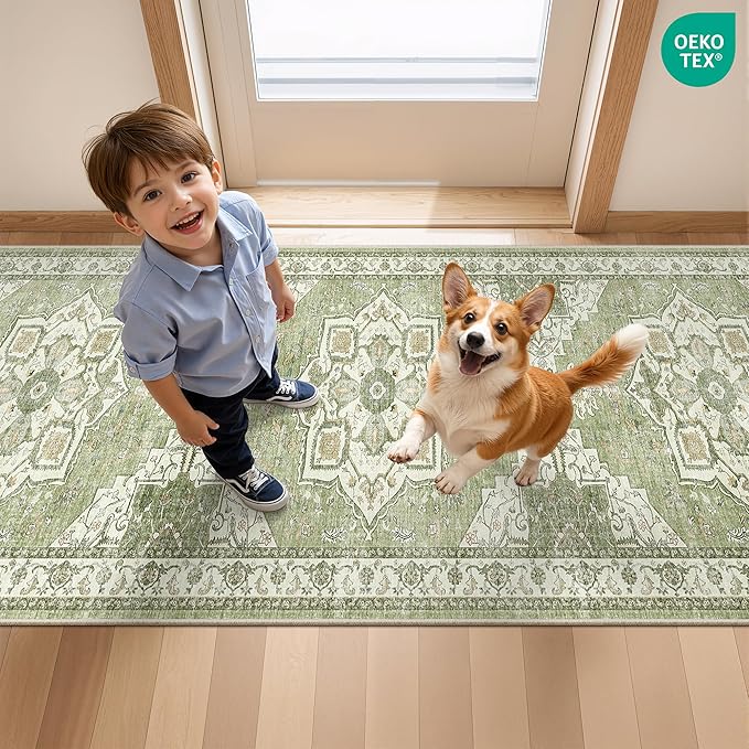 Runner Rug 2x10, Ultra-Thin Kitchen Rugs Non Slip Washable Rugs for Entryway Rug, Kitchen Runner Low Pile Vintage Soft Carpets for Living Room, Bathroom Bedroom (Light Green,2'x10')
