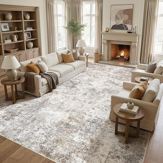 UERMEI 12x18 Area Rug Living Room Rugs - Washable Neutral Modern Abstract Soft Thin Rug Indoor Floor No Slip Rug Carpet for Bedroom Under Dining Table Home Office Decor - Blue/Light Brown