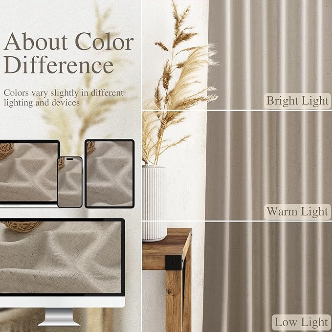 Nanspring Living Room Curtains 63 Inch Length Linen Blend Cobblestone Light Filtering Semi Sheer Curtain Back Tab and Rod Pocket Modern Farmhouse Decor Elegant Drapes for Bedroom 52x63, 2 Panels