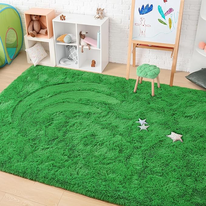Amearea Premium Soft Fluffy Rug Modern Shag Carpet, Fuzzy Shaggy Rugs for Bedroom Living Room Teen Apartment Decor, Comfortable Indoor Furry Dorm Carpets, Green 5x7.5 Feet