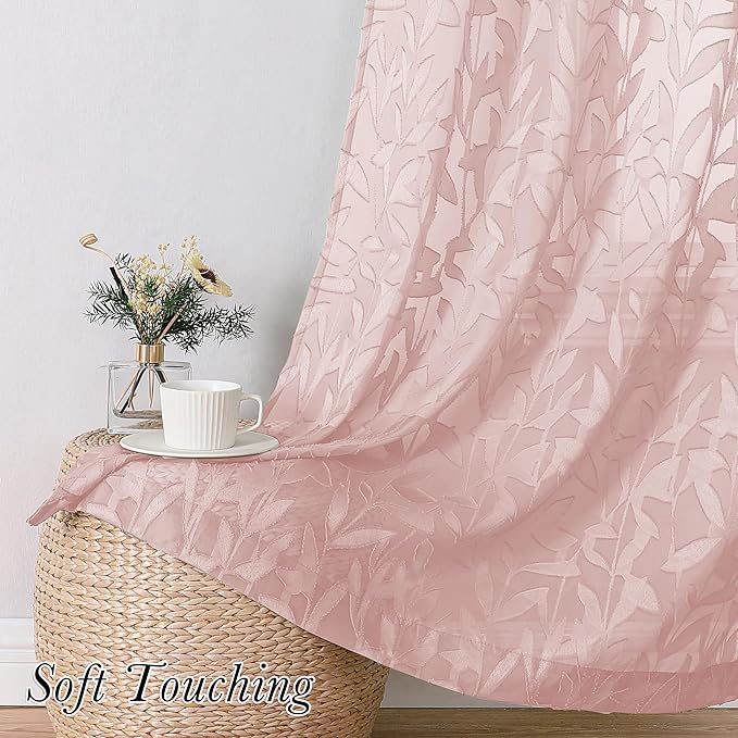 Lecloud Leia Blush Pink Sheer Curtains for Living Room Decor 54 Inch Length 2 Pcs, Rod Pockets Window Curtains for Bedroom, Light Filtering Jacquard Leaf Textured Drapes, Each Panel 42" W x 54" L