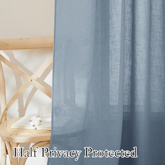 RYB HOME Linen Curtains 120 inches Long, Extra Long Floor Sweeping Semi Sheer Curtains Light Filtering Privacy Linen Blend Drapes for Sliding Glass Door Living Room, 52" inches Wide, Dusty Blue