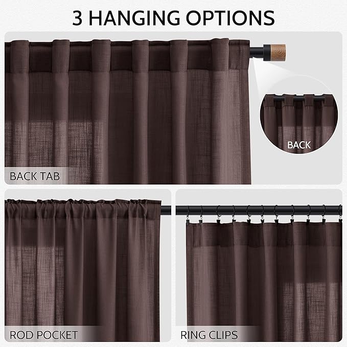 Coffee Brown Linen Curtains 132 Inch Length for Living Room Light Filtering Semi Sheer Curtain Back Tab Modern Rustic Home Decor Neutral Drapes Floor to Ceiling High Window for Bedroom 52x132,2 Panels