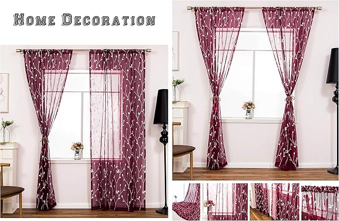 AmHoo 2 Panels Embroidered Leaf Pattern Semi Sheer Curtains Foliage Floral Voile Window Draperies Treatment for Bedroom Living Room Rod Pocket Burgundy Red 53 x 84 Inch