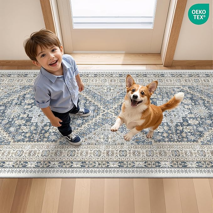 Runner Rug 2x6, Ultra-Thin Entryway Rug Non Slip Washable Rugs for Laundry Room, Runners for Hallways, Vintage Soft Rugs for Living Room, Kitchen, Bedroom(Blue/Beige,2'x6')