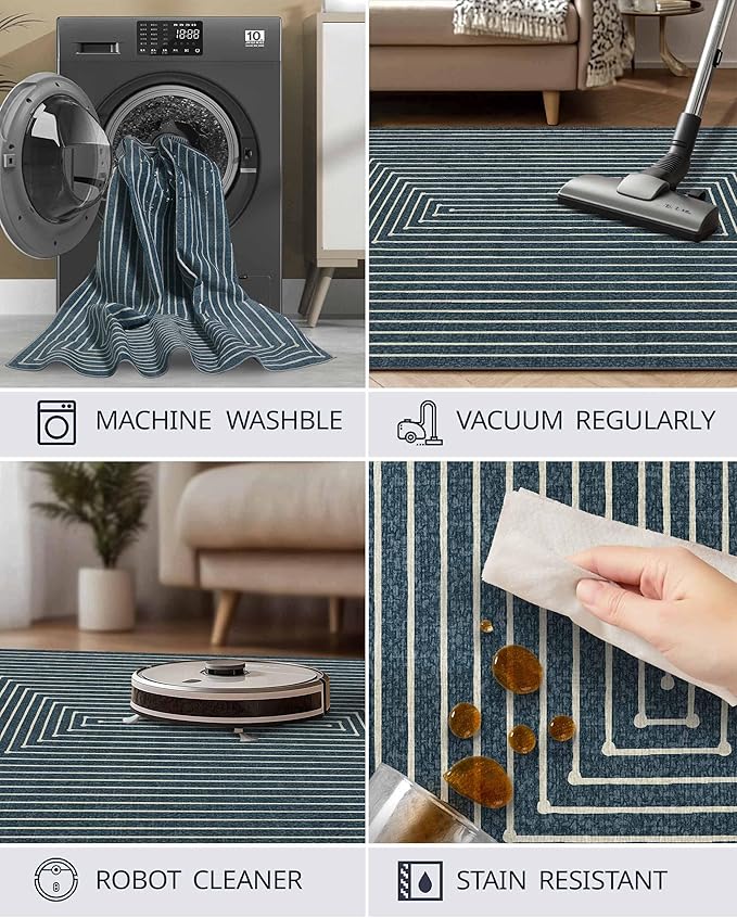 Latte&Fog 8x10 Area Rugs for Living Room, Large Modern Abstract Washable Rug, Boho Non Slip Low Pile Carpet for Indoor Bedroom Dining Room, Office, Dorm, Classroom, Farmhouse and Kids Room - Blue