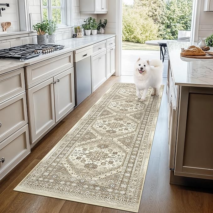 3x8 Runner Rug Non Slip Washable for Entryway, Front Porch, Vintage Hallway Runner for Laundry Room, Bedroom, Stain Resistant Thin Indoor Kitchen Mats for Floor(Brown,3'x8')