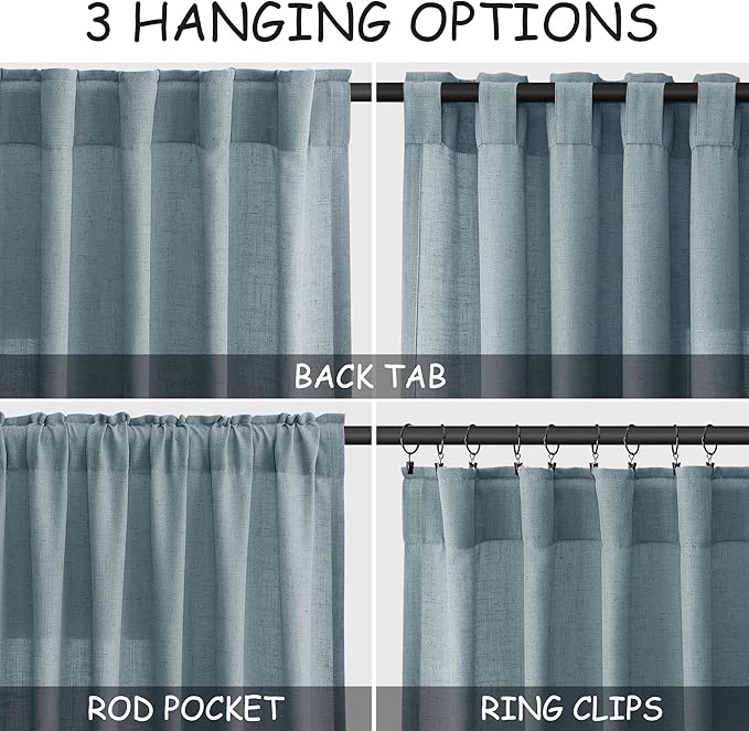 Light Blue Linen Curtains 90 Inch Long 2 Panels Set for Bedroom Living Room Soft Linen Textured Window Drapes Semi Sheer Light Filtering Rod Pocket Back Tab Cotton Textured Farmhouse Curtain 52x90