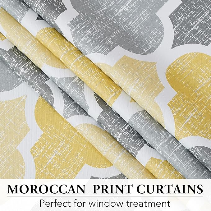 Beauoop 100% Blackout Curtains 84 Inches Long for Patio Sliding Door Yellow Grey Extra Wide Moroccan Geo Room Darkening Thermal Soundproof Room Divider Grommet Window Treatment Drapes,100x84 Set of 1