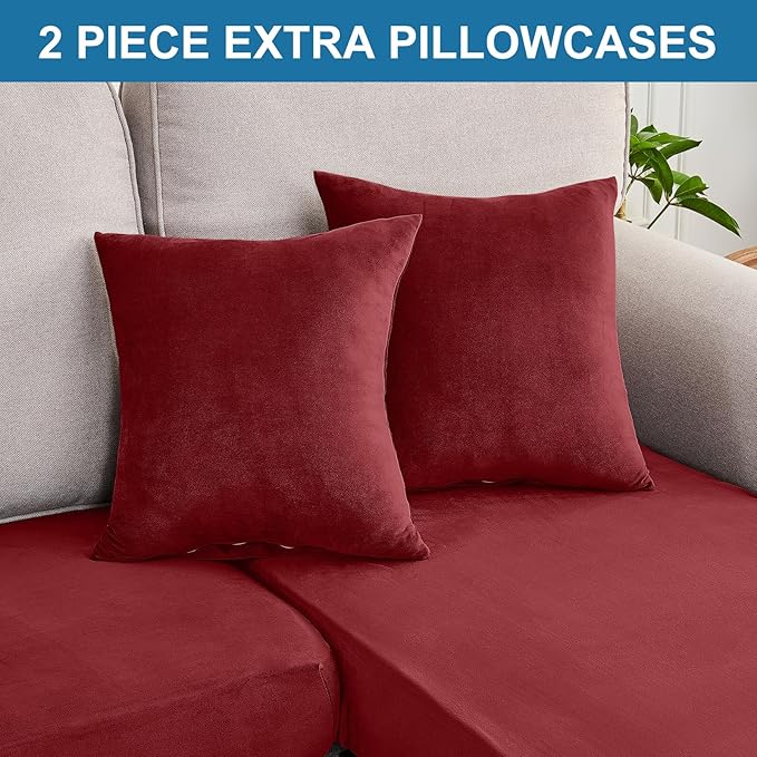 Couch Cover 3-Piece Elastic Velvet Couch Cushion Covers & Chaise Slipcovers for L-Shaped Sofas, Sofa Seat Covers Washable, Soft Cover for Couches (2 Seater + Chaise, Christmas Red)