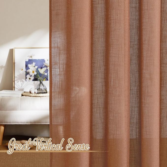 NICETOWN Linen Caramel Curtains & Drapes Privacy with Light Filtering, Rod Pocket & Back Tab Flax Linen Burlap Window Treatments Vertical Drapes for Bedroom/Living Room, W52 x L84, 2 Panels