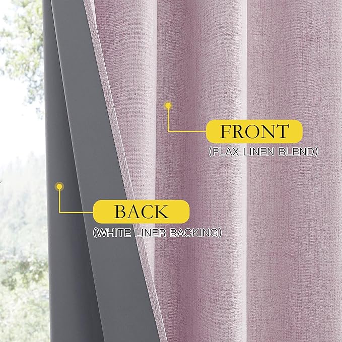 NICETOWN Pink Vintage Linen 100% Blackout Curtains for Kitchen, Thermal Insulated Curtains 63" Long, Noise Reducing Window Treatment Drapes for Dorm Room, 62" Wide Per Panel, Set of 2