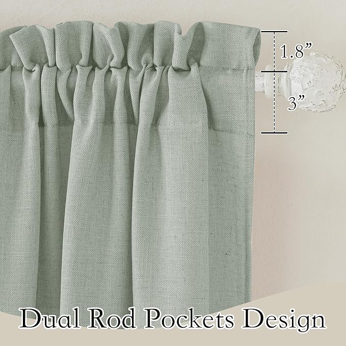 RYB HOME Semi Sheer Valances - Linen Textured Sheer Curtains Small Window Tiers Farmhouse Decor for Kitchen Bathroom Cafe Bedroom, Sage Green, Wide 52 x Long 18 inch, 2 Panels
