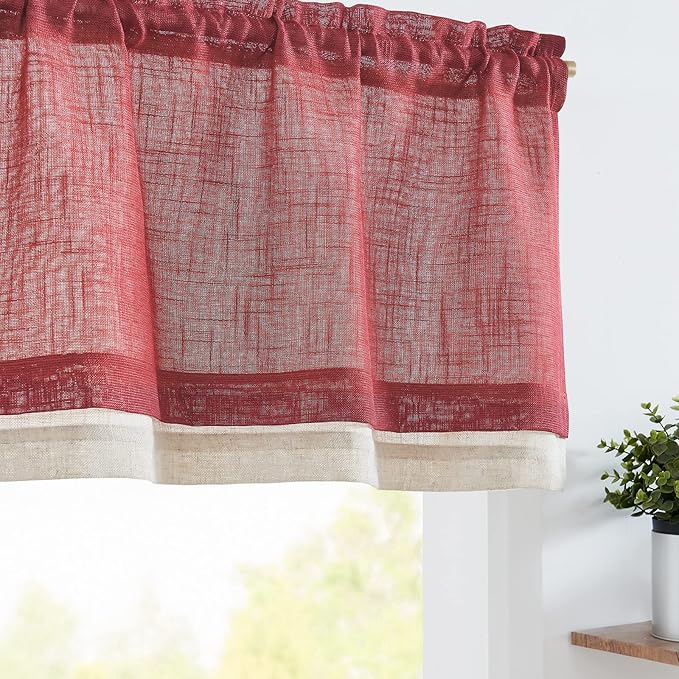 jinchan Linen Valance for Farmhouse Living Room Windows 16 Inch Slubbed Crossed Double Layer Window Valance Light Filtering Rustic Country Overlay Rod Pocket 1 Panel Burgundy