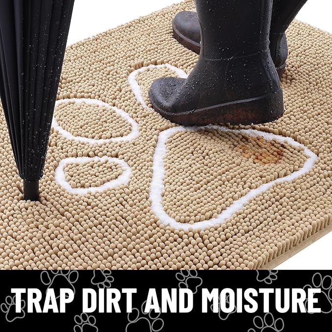 Smiry Dog Door Mat for Muddy Paws, Absorbent Dirt Trapper Non Slip Quick Dry Washable Chenille Mat for Mud Dogs, Entry Rug for Indoor and Outdoor (54x24 Inches, Beige and White)
