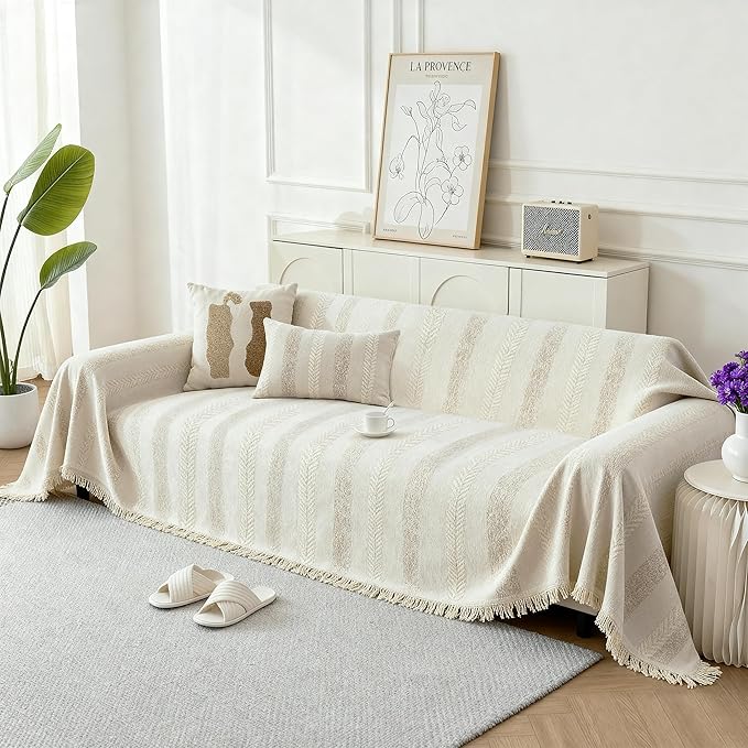 Boho Sofa Covers for 2 Cushion Couch, Chenille Sofa Slipcover for Pets Washable, L-Shape Sectional Loveseat Cover Soft Throw Blankets with Tassels(71x102,Striped Beige)