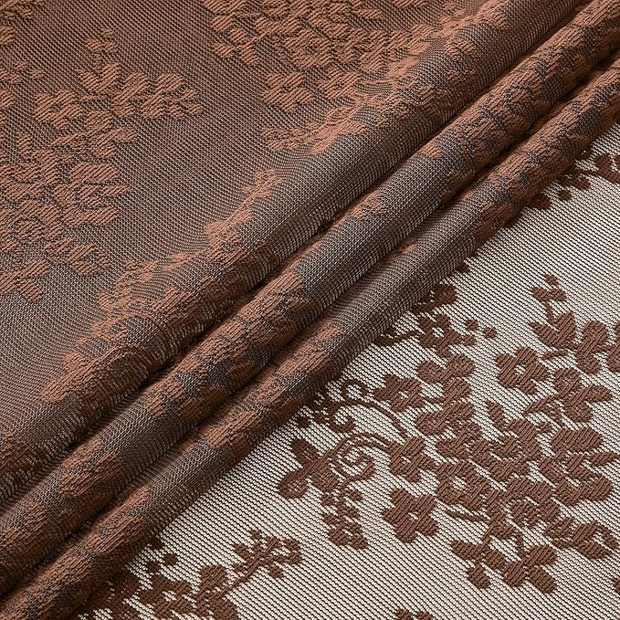 YJ YANJUN Vintage Lace Curtains 63 Inch Length-Victorian Floral Brown Sheer Curtain Panels for Living Room Bedroom,Light Filtering, Rustic Farmhouse Neutral Decor Set of 2 52W x 63L Espresso