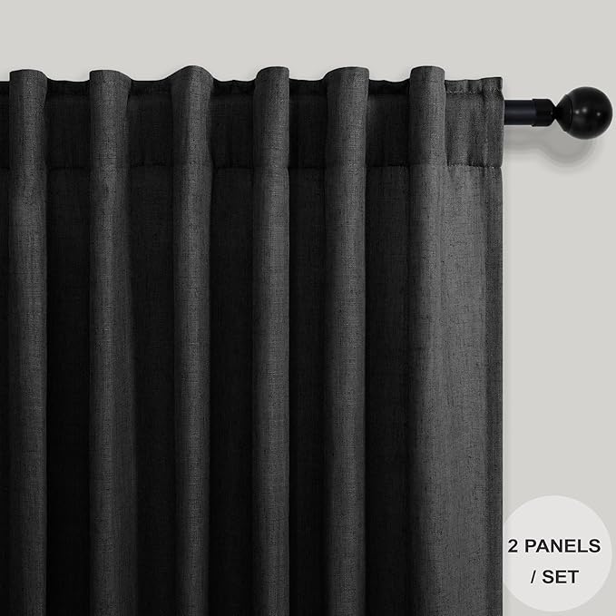 Pitalk 102 Inch Long Curtains Black for Living Room Dinning 2 Panel Set Back Tab Pocket Light Filtering Large Window Drape Boho Modern Farmhouse Linen Curtain 102 Length for Sliding Glass Door Bedroom