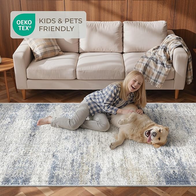 Rug Runners for Hallways Non Slip - 2x8 Runner Rug for Bedroom, Washable Runner with Rubber Backing, Soft Low-Pile Carpet for Kitchen, Laundry, Bathroom (2'x8', Blue/Brown/Ivory)