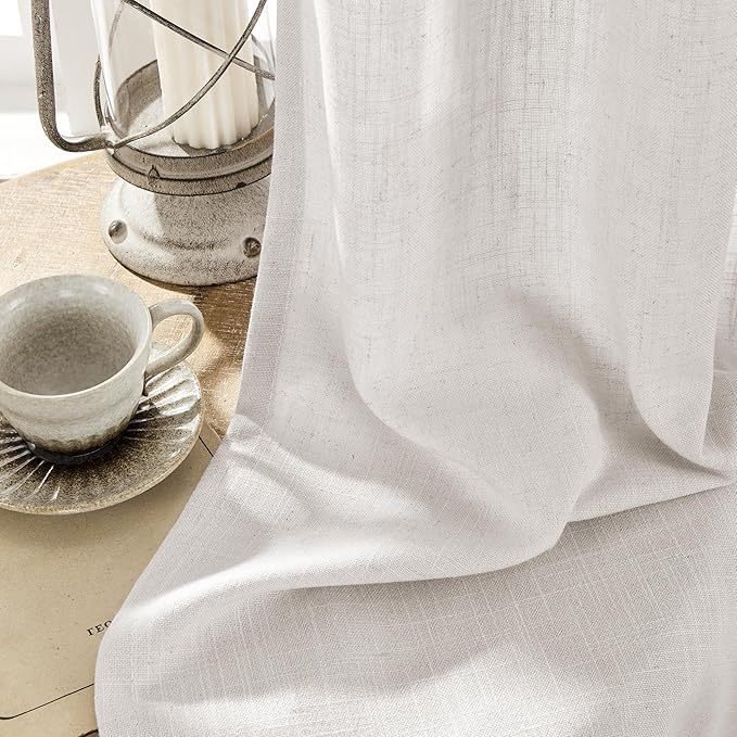 Joydeco Linen Curtains for Living Room,Light Filtering Rod Pocket Back Tab Semi Sheer Drapes Window Long Curtains 96 inches Long Blanc de Blanc