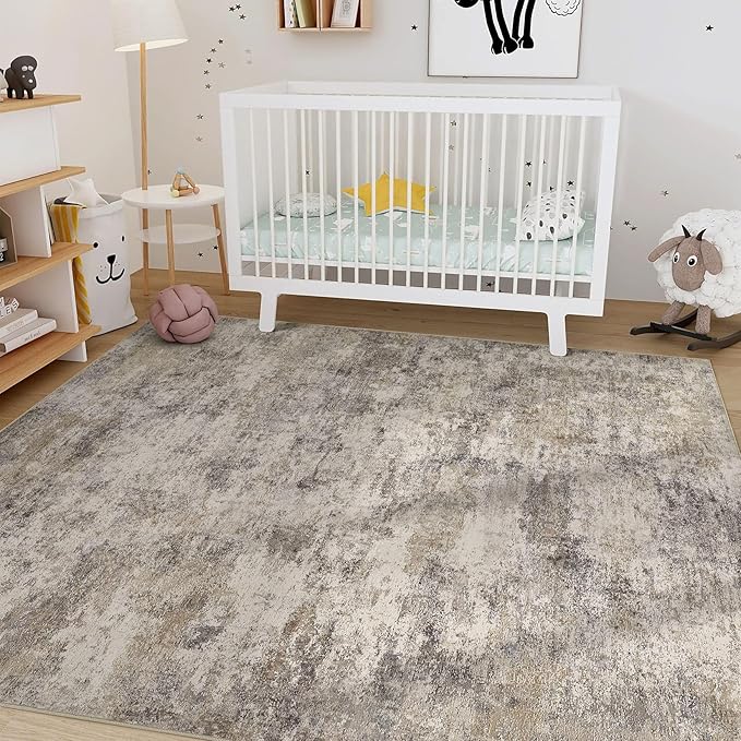 Nakagishi 8x10 Area Rugs Living Room: Washable Abstract Large Neutral Soft Rug Stain Resistant Modern Indoor Floor Non-Slip Carpet for Bedroom Nursery Kids Playroom Office Dining Room Dorm- Brown Grey