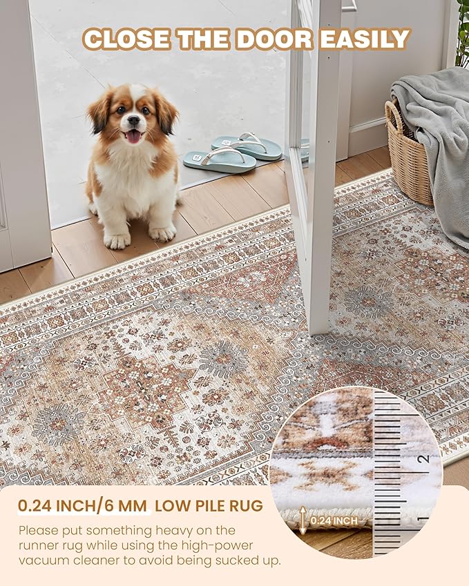3x20 Long Runner Rug for Hallway, Non-Slip Long Kitchen Mats for Floor, Vintage Washable Rug for Entryway, Soft Hallway Runner for Dining Room, Bedroom, Living Room(Orange,3'x20')