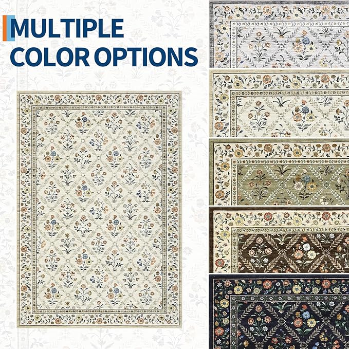 Large Entryway Rug 3x5 Floral Washable Area Rugs Vintage Soft Non-Slip Small Floor Carpet Doormat Stain Resistant Low-Pile Ultra-Thin Entry Mat for Bedside Kitchen Beige