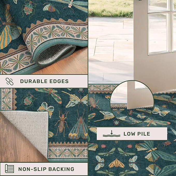 Hazo Haus Insect Teal Green 5x7 Area Rug for Living Room - Cottage Core Rug for Bedroom, Dining Room, Kids Playroom, Home Office, Floral Vintage Whimsical Butterfly Washable Non Slip Floor Décor