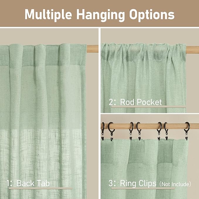 LAMIT 95 Inches Long Fresh Green Linen Curtains for Living Room, Back Tab and Rod Pocket Semi Sheer Curtains Light Filtering Farmhouse Drapes for Bedroom/Dining Room, Set of 2, 52 x 95 Inch
