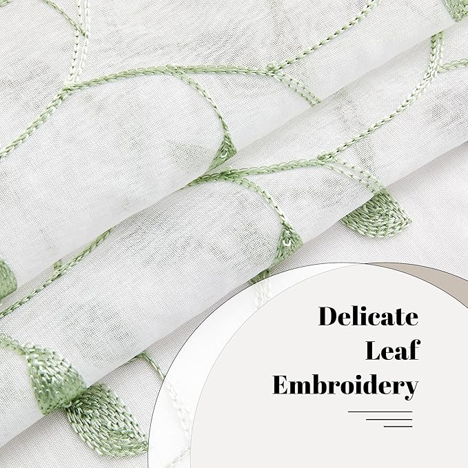 MRTREES Sheer Voile Curtain Valances, Leaves Embroidered Valance Curtains Rod Pocket, Small Sheer Window Curtains Treatment for Bedroom/Living Room/Bathroom(1 Panel, 54x16 Inch, Greyish Green Leaves)