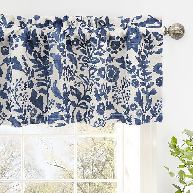DriftAway Julia Watercolor Blooming Flower Floral Lined Thermal Insulated Window Curtain Valance Rod Pocket 52 Inch by 14 Inch Plus 1.75 Inch Header Linen Blend Navy 1 Pack