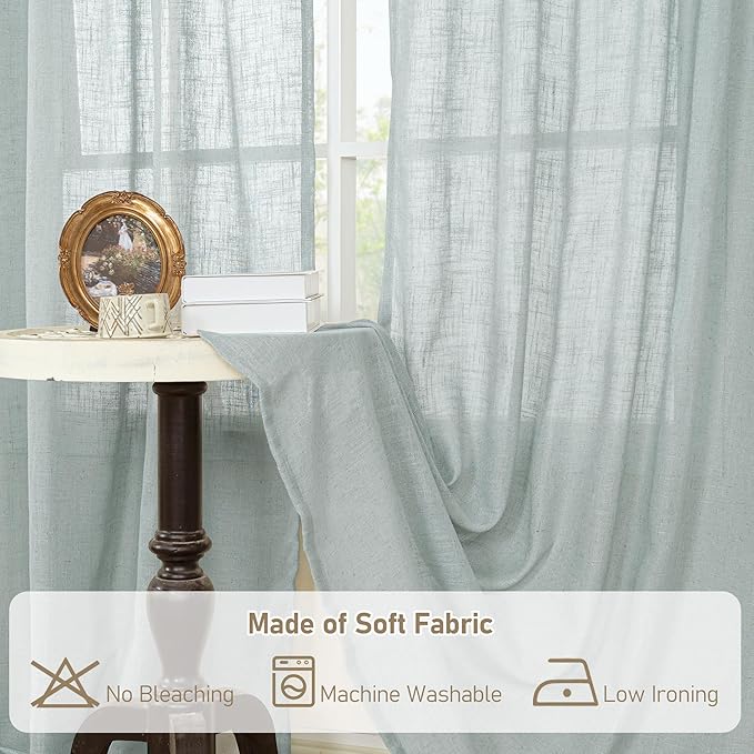 LAMIT Semi Sheer Linen Curtains 54 Inch Length 2 Panels, Greyish Blue Light Filtering Panels Back Tab and Rod Pocket Neutral Drapes for Kitchen/Window/Dining Room, 52 x 54 Inch