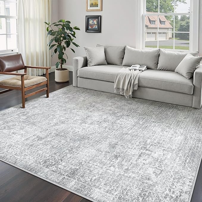 PureCozy 9x12 Area Rug Washable Vintage Living Room Carpet Large Indoor Non Slip Grey Bedroom Distressed Low Pile Retro Accent Throw Rug for Dining Room