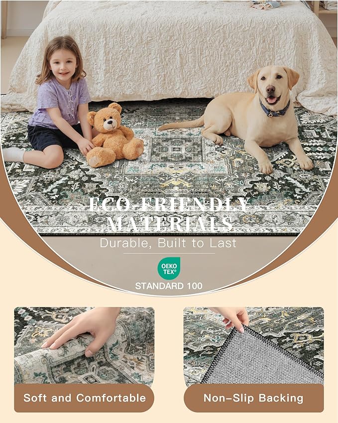 Madane Hallway Washable Runner Rug 2x10, Vintage Kitchen Rugs Soft Entryway Rug Runner Non Slip Indoor Floor Carpet for Bathroom Living Room Bedroom, Grey Green/Black Olive