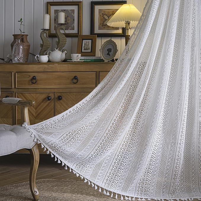 WAZZIO Boho Lace Curtains 72 Inches 2 Panel,Light Filtering Privacy Tassel & Geometry Crochet Semi Sheer Curtain Drapes for Bedroom Living Dining Room,Rod Pocket & Tassel,Victorian Decor,Off White