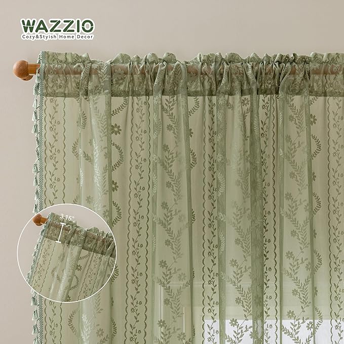 WAZZIO Boho Lace Curtains 2 Panels 63 Inch -Vintage Victorian Sheer Panel Drape French Country Floral Pattern & Tassel Light Filtering Privacy for Bedroom Dining Living Room,Light Sage Green,W52x L63