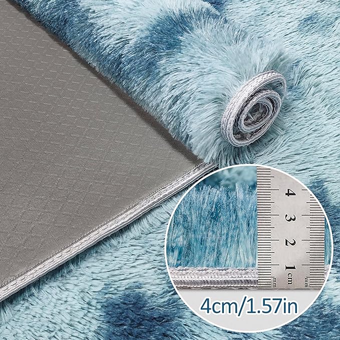 Super Soft Fluffy Living Room Area Rug 2x10 ft Tie-Dyed Light Blue Shaggy Furry Carpet Washable Non-Slip Floor Rugs Bedroom Bedside Nursery Rug Fuzzy Girls Boy Dorm Home Decor Aesthetic