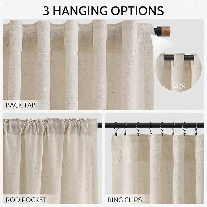 Cream Beige Linen Curtains for Living Room 94 Inches Long Light Filtering Semi Sheer Curtain Back Tab Modern Farmhouse Decor Elegant Luxury Coastal Drapes for Bedroom Dinner Room 52x94, 2 Panels
