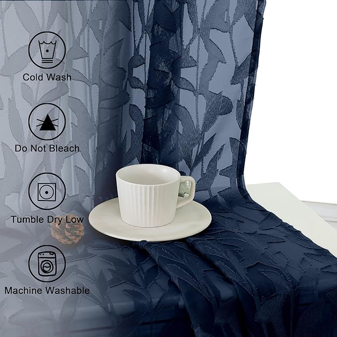Lecloud Leia Navy Blue Sheer Curtains 54 Inch Length 2 Pcs, Rod Pockets Bedroom Curtains for Living Room Decor, Light Filtering Jacquard Leaf Textured Farmhouse Drapes, Each Panel 42" W x 54" L