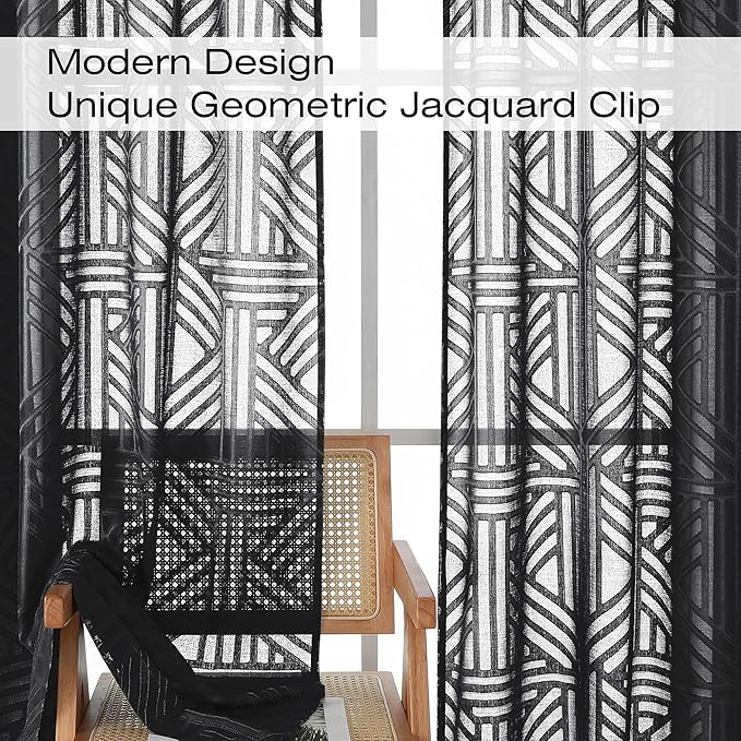 Simplebrand Black Semi Sheer Curtains 84 Inches Long 2 Panels, Light Filtering Geometric Jacquard Clip Textured Sheer Curtains for Bedroom, Modern Elegant Window Drapes, 42x84 inch